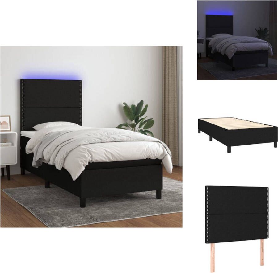 VidaXL Boxspring Slaapkamermeubel 203x90x118 128cm Zwart Stof Duurzaam Verstelbaar hoofdbord LED-verlichting Pocketvering matras Huidvriendelijk topmatras Montagehandleiding inbegrepen USB-aansluiting Bed