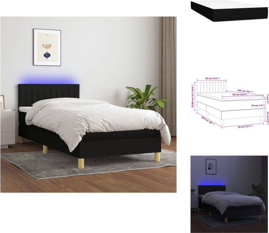 vidaXL Boxspring LED 203 x 90 x 78 88 cm Zwart Pocketvering matras Huidvriendelijk topmatras Bed