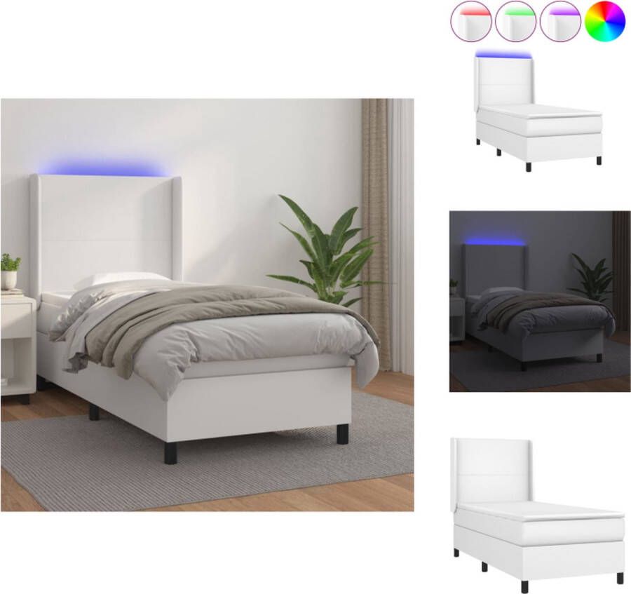 VidaXL Boxspring LED 203x103x118 128 cm wit kunstleer pocketvering matras huidvriendelijk topmatras Bed