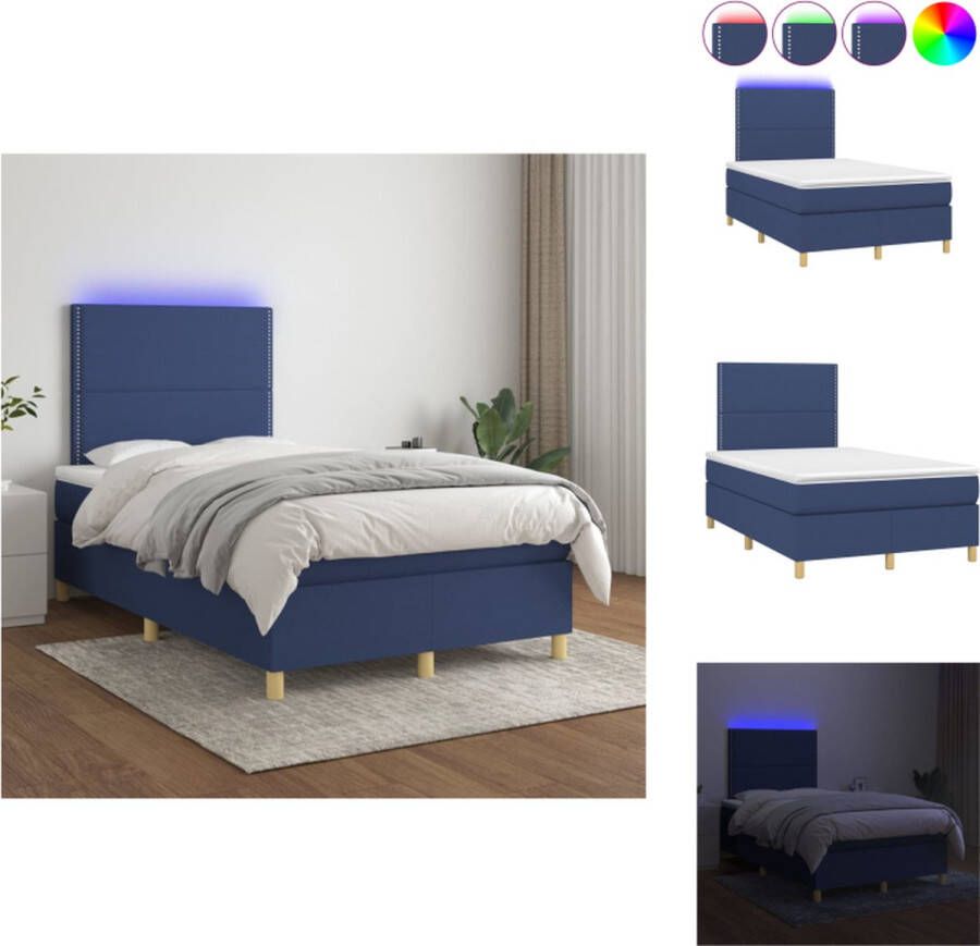 VidaXL Boxspring LED 203x120x118 128 cm blauw stof verstelbaar hoofdbord pocketvering matras huidvriendelijk topmatras kleurrijke LED-verlichting Bed