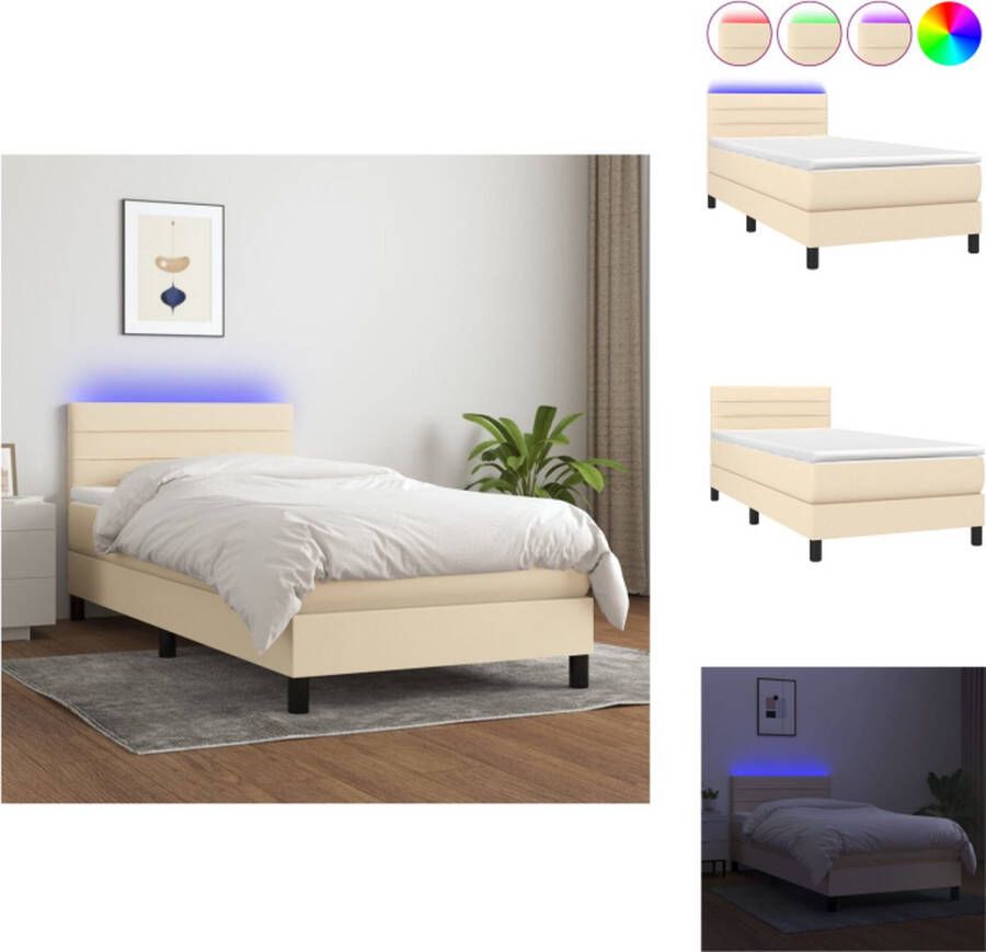 VidaXL Boxspring LED 90x200 cm Crème Stof Verstelbaar Hoofdbord Pocketvering Matras Huidvriendelijk Topmatras Bed