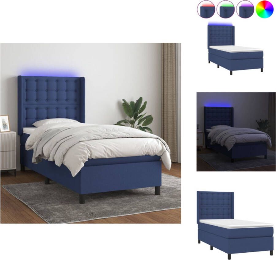 VidaXL Boxspring LED Blauw 193 x 93 x 118 128 cm Pocketvering matras Huidvriendelijk topmatras Bed