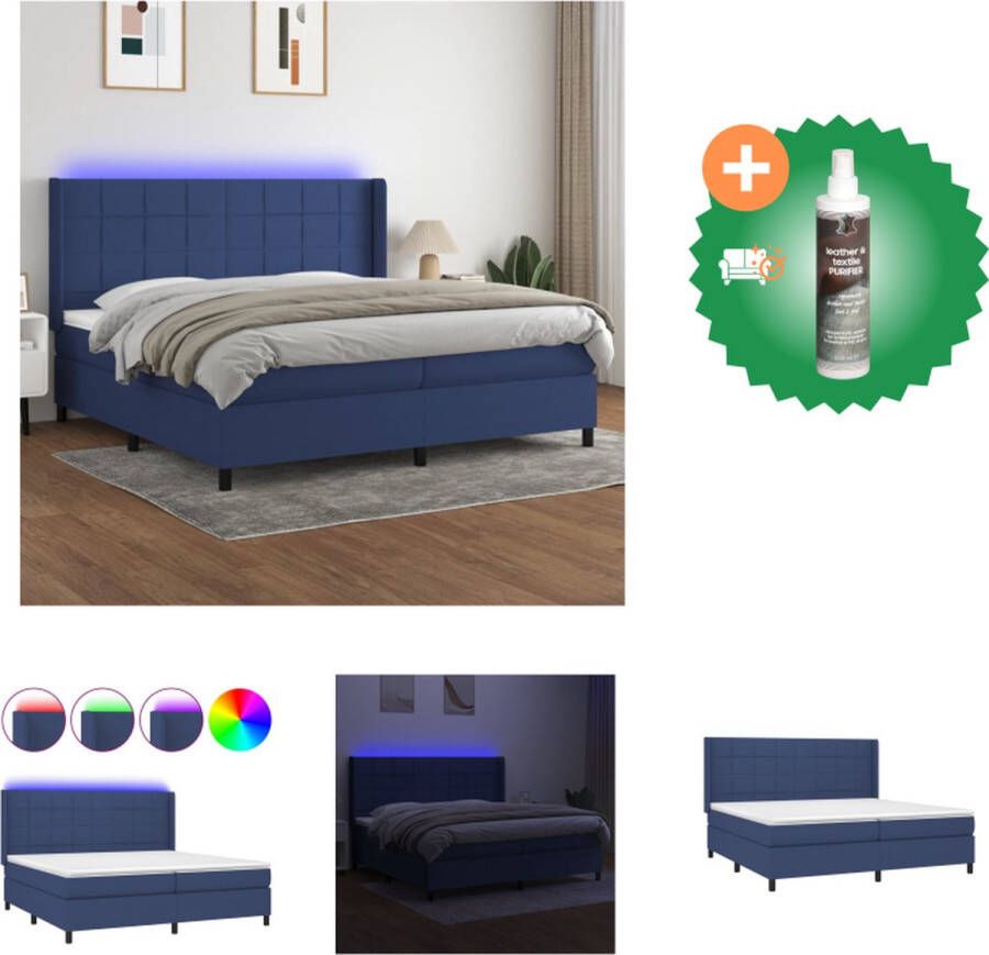 VidaXL Boxspring LED blauw 203 x 203 x 118 128 cm pocketvering matras huidvriendelijk topmatras Bed Inclusief Reiniger