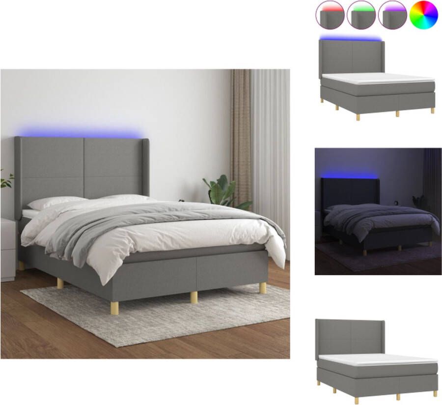 VidaXL Boxspring LED Donkergrijs 193 x 147 x 118 128 cm Pocketvering matras Huidvriendelijk topmatras Bed