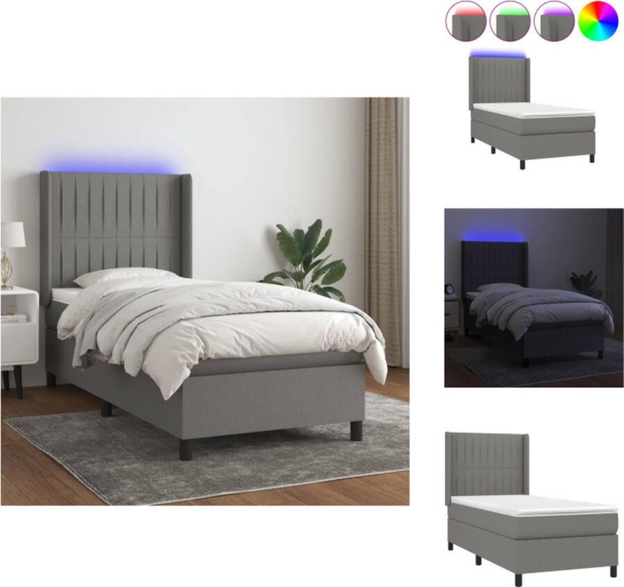 VidaXL Boxspring LED Donkergrijs 193 x 93 x 118 128 cm Pocketvering matras Huidvriendelijk topmatras Inclusief LED-strip Bed