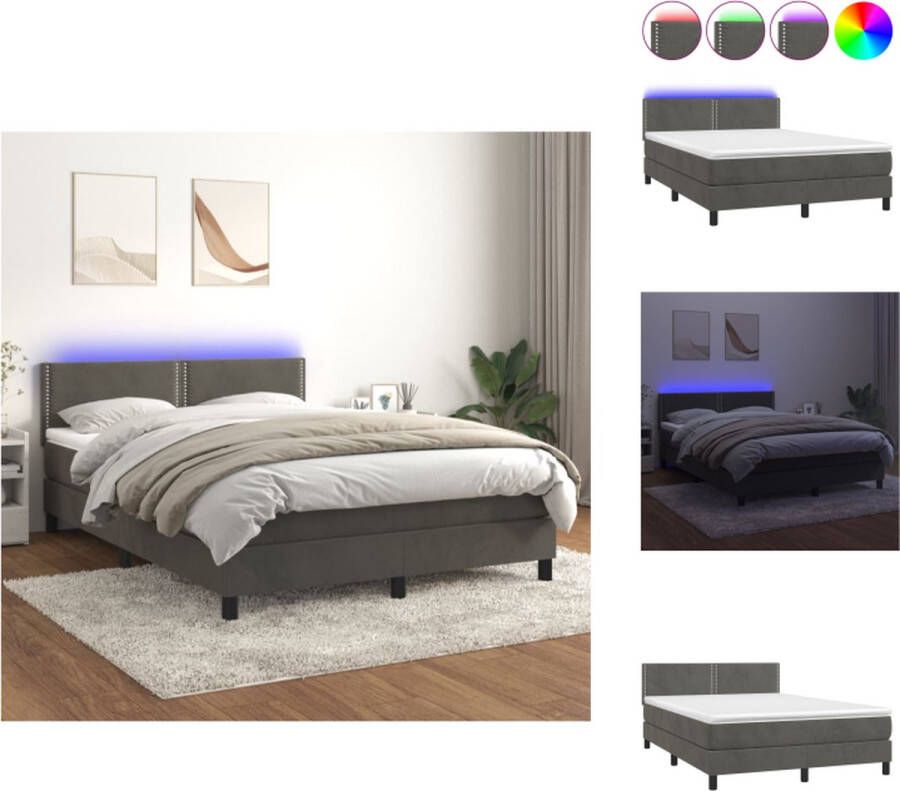 VidaXL Boxspring Pocketvering matras Zacht fluweel Verstelbaar hoofdbord Kleurrijke LED-verlichting Huidvriendelijk topmatras 203x144x78 88 cm donkergrijs Bed - Foto 4