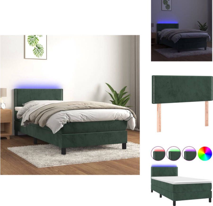 VidaXL Boxspring Donkergroen 203 x 90 x 78 88 cm Fluweel Verstelbaar hoofdbord Kleurrijke LED-verlichting Pocketvering matras Huidvriendelijk topmatras Inclusief montagehandleiding USB-aansluiting Bed - Foto 2