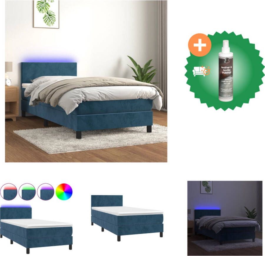 VidaXL Boxspring LED Fluweel Verstelbaar hoofdbord Pocketvering Huidvriendelijk Donkerblauw 203x90x78 88cm 90x200x20cm 90x200x5cm LED-strip Bed Inclusief Reiniger