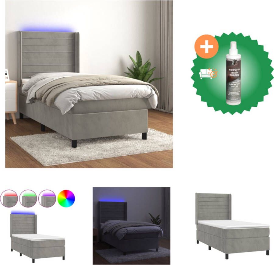 VidaXL Boxspring LED Fluweel Verstelbaar hoofdbord Pocketvering Huidvriendelijk Lichtgrijs 203x83x118 128 cm 80x200x20 cm (BxLxH) Bed Inclusief Reiniger