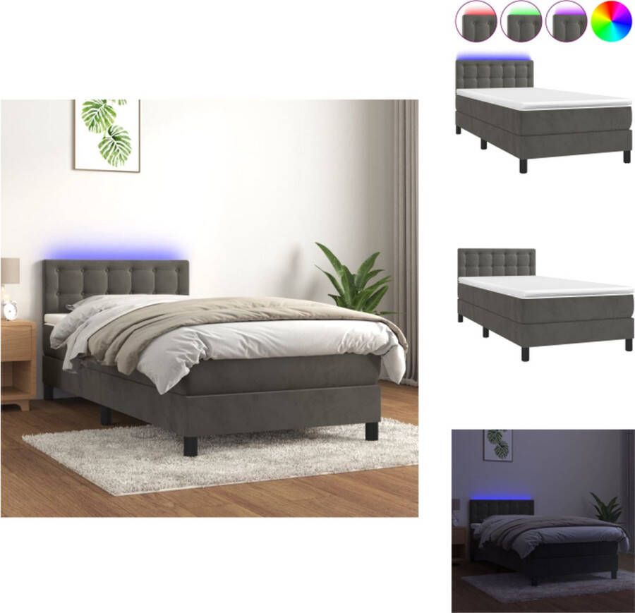 VidaXL Boxspring Bed Donkergrijs Fluweel 193x90x78 88 cm Verstelbaar hoofdbord Kleurrijke LED-verlichting Pocketvering matras Huidvriendelijk topmatras Inclusief montagehandleiding USB-aansluiting Bed - Foto 4