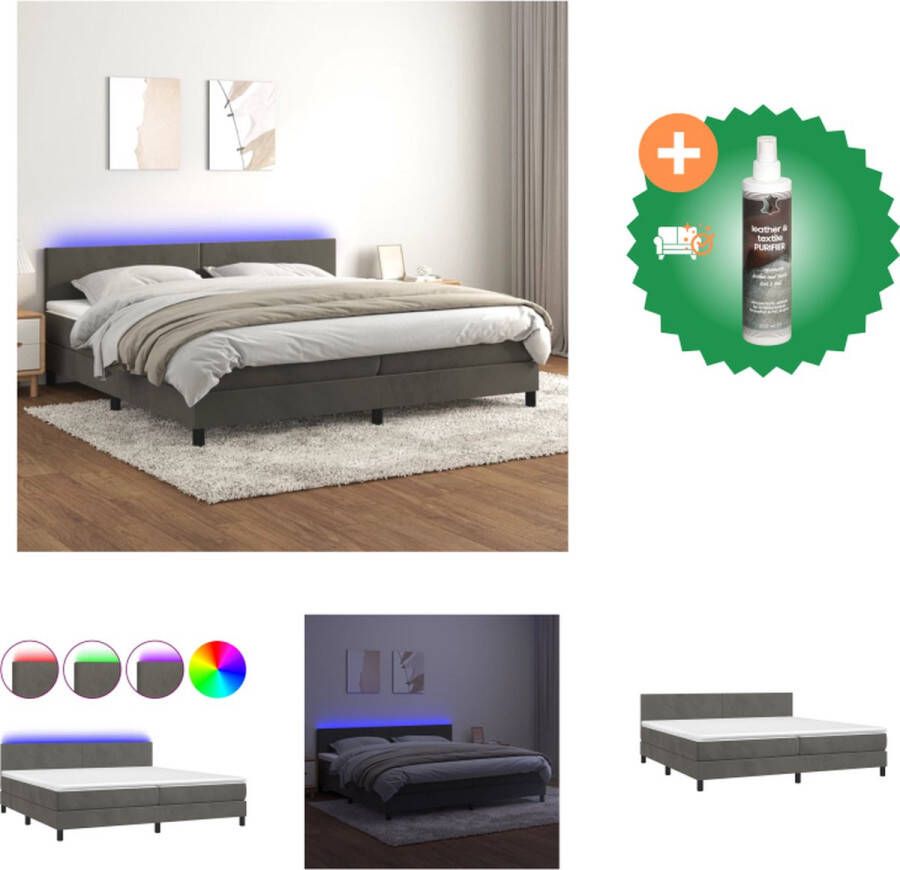 VidaXL Boxspring LED Fluweel Verstelbaar hoofdbord Pocketvering matras Huidvriendelijk topmatras Donkergrijs 203x200x78 88cm Bed Inclusief Reiniger