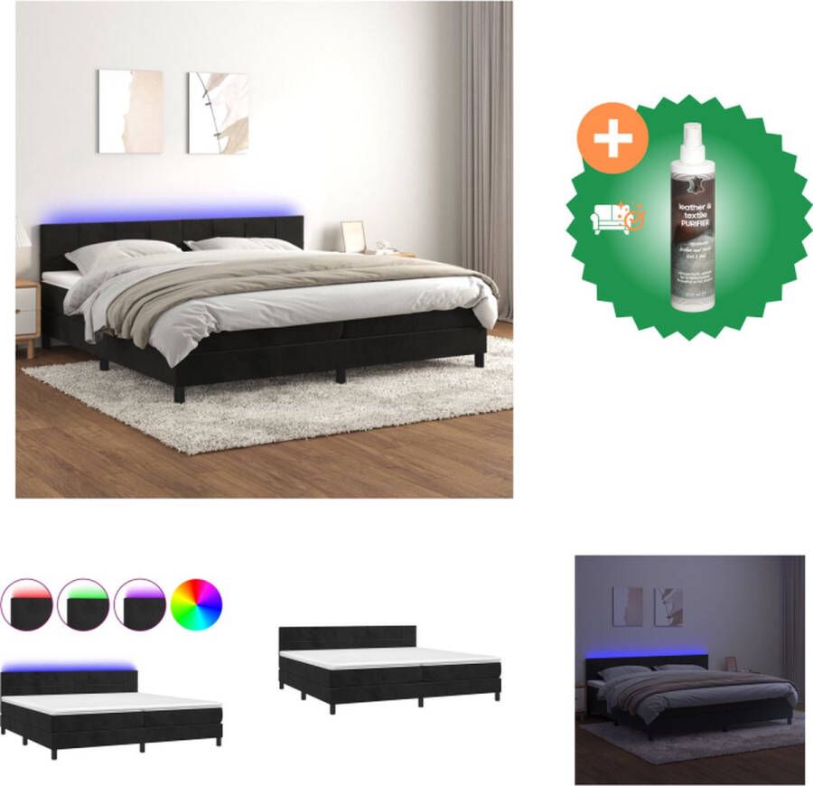 VidaXL Boxspring LED Fluwelen stof Verstelbaar hoofdbord Pocketvering matras Huidvriendelijk topmatras 203x200 cm Zwart Bed Inclusief Reiniger