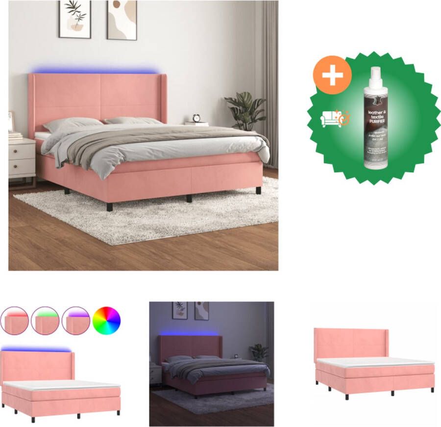 VidaXL Boxspring LED Fluwelen Stof Verstelbaar hoofdbord Pocketvering Matras Huidvriendelijk Topmatras Roze 203x163x118 128 cm Bed Inclusief Reiniger