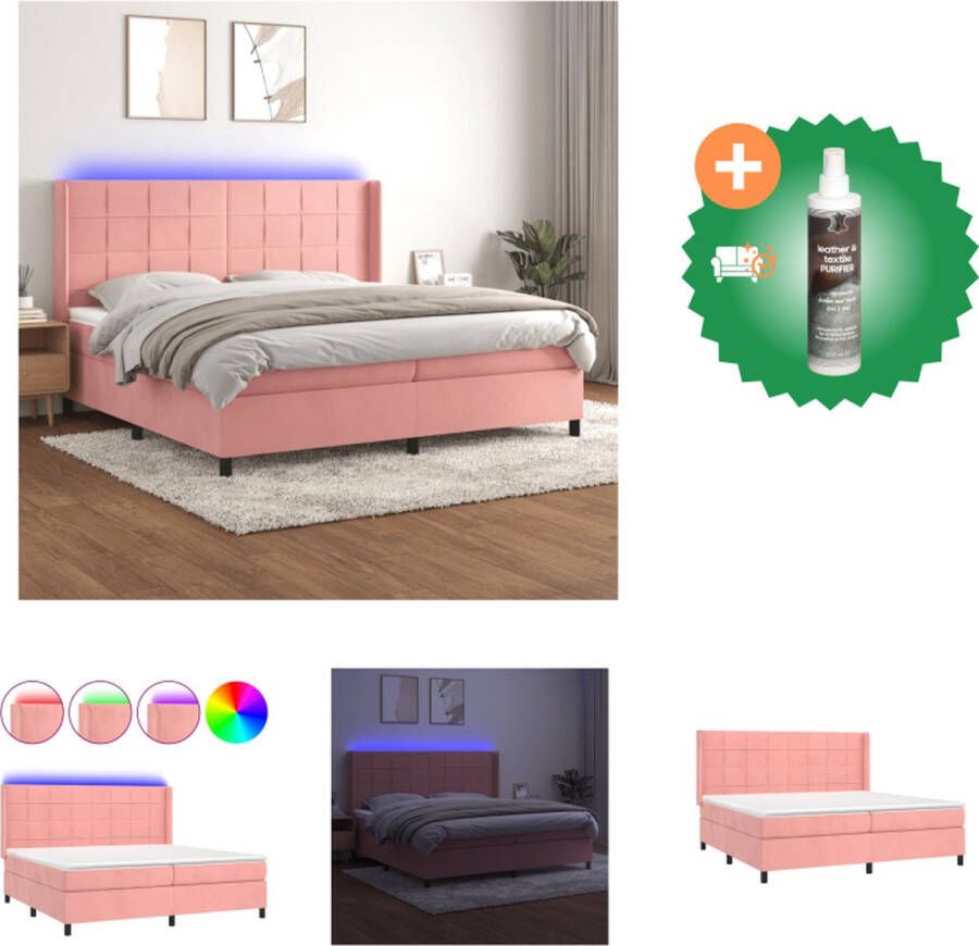 VidaXL Boxspring LED Fluwelen Verstelbaar hoofdbord Pocketvering Huidvriendelijk Roze 203x203x118 128 cm Bed Inclusief Reiniger