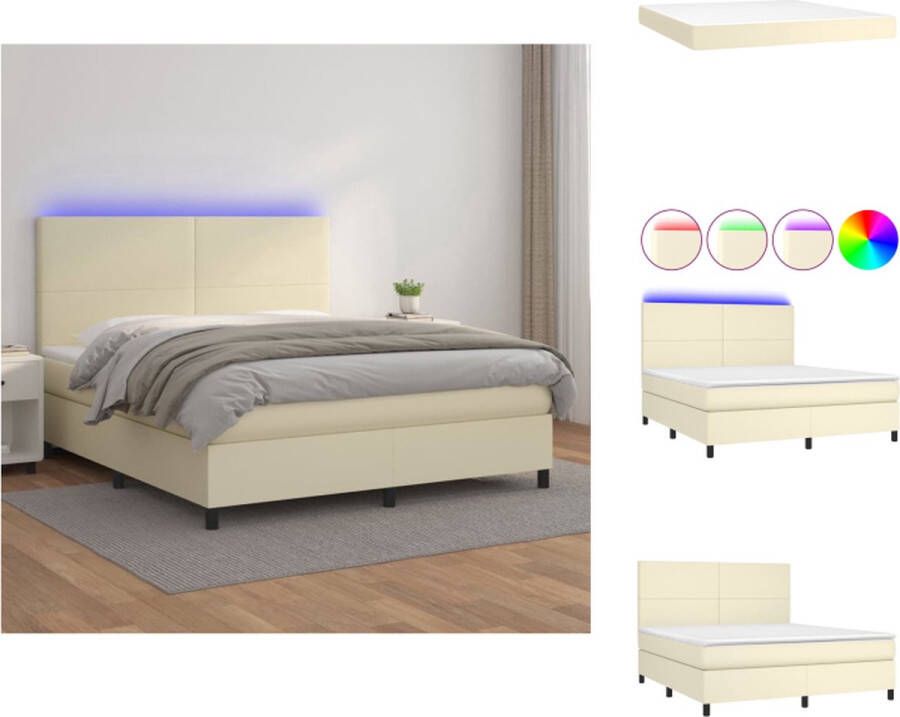 VidaXL Boxspring LED Kunstleer Verstelbaar hoofdbord Pocketvering matras Huidvriendelijk topmatras 180x200 cm Crème Bed
