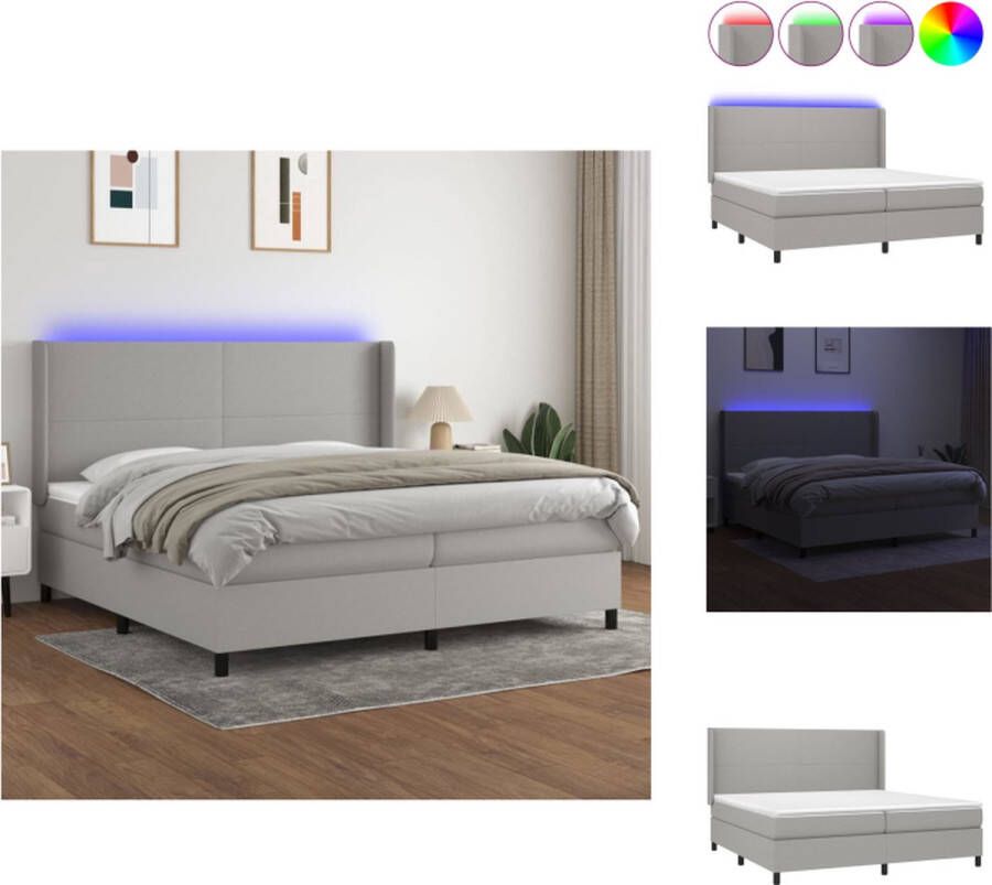 VidaXL Boxspring LED Lichtgrijs 203x203x118 128cm Pocketvering matras Huidvriendelijk topmatras 2 LED-strips Bed