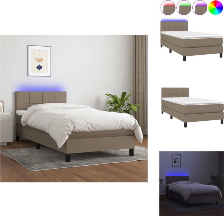 VidaXL Boxspring LED-verlichting Pocketvering Huidvriendelijk 203 x 90 x 78 88 cm Bedmatras 90 x 200 x 20 cm Bedtopmatras 90 x 200 x 5 cm Kleur- taupe en wit Bed