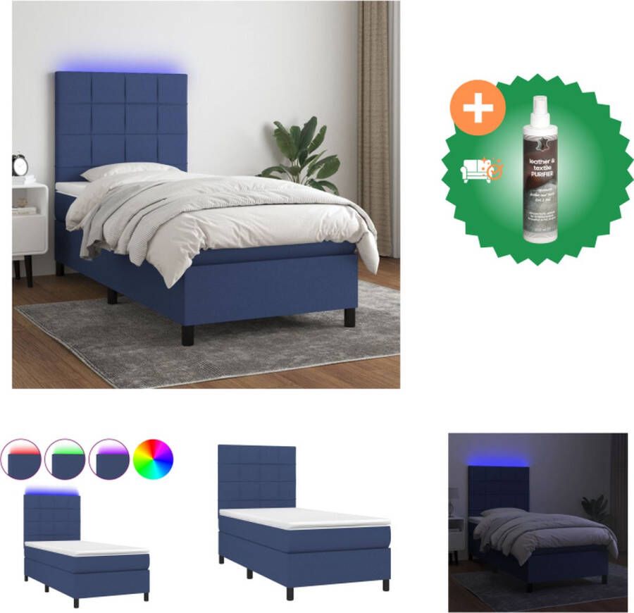 VidaXL Boxspring LED verlichting Pocketvering matras Huidvriendelijk topmatras Blauw 193 x 90 cm Bed Inclusief Reiniger