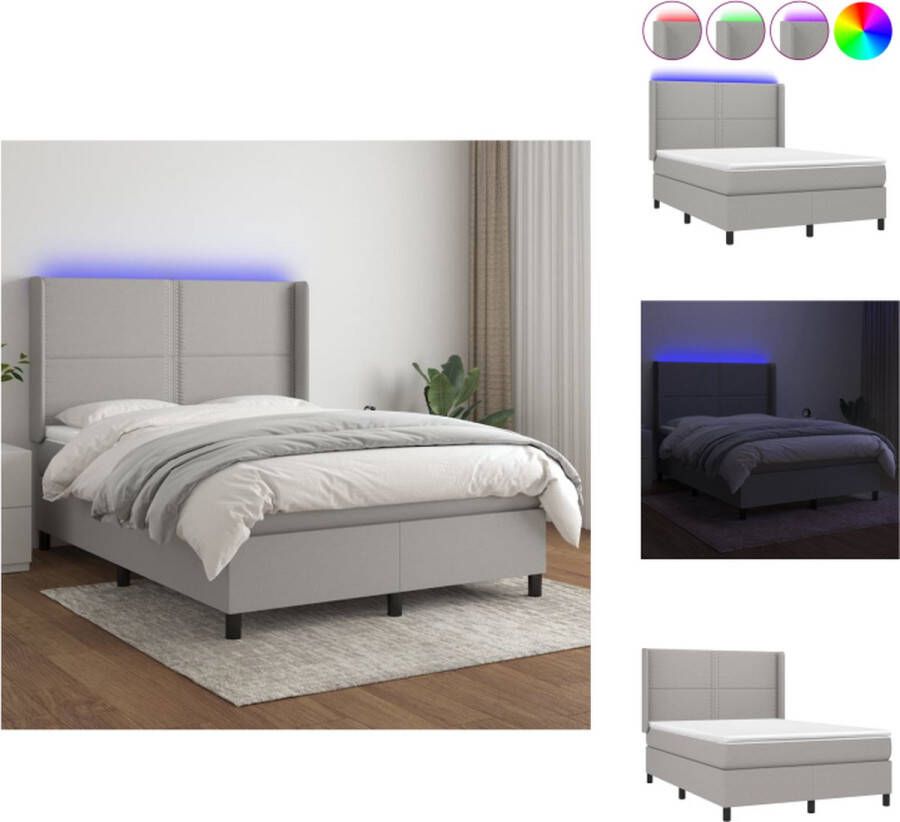 VidaXL Boxspring Lichtgrijs 140x190 cm LED-verlichting Pocketvering matras Huidvriendelijk topmatras Bed