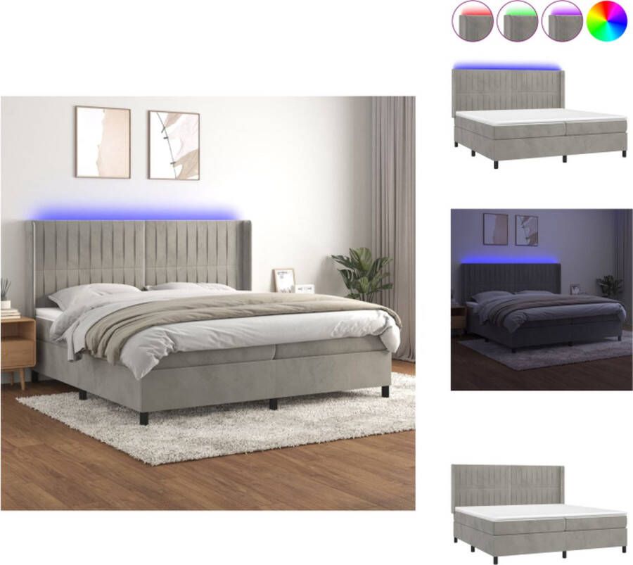 VidaXL Boxspring lichtgrijs fluweel Bedmatras- wit en lichtgrijs Bedtopmatras- wit LED-strip- 55 cm Bed