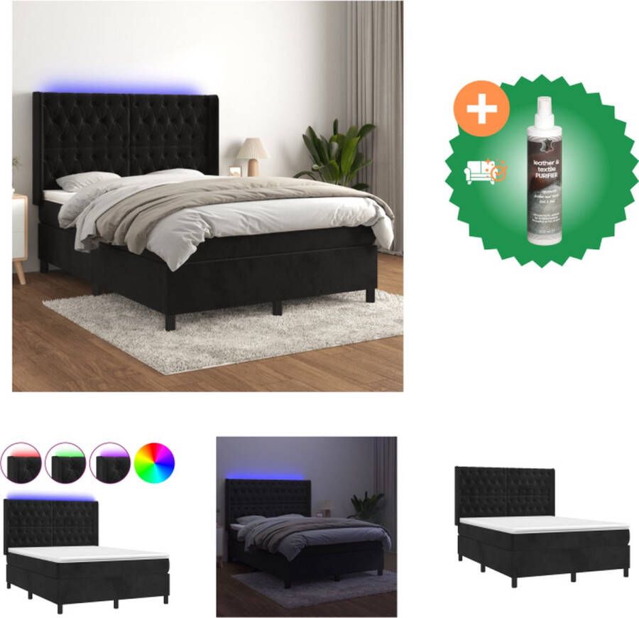 VidaXL Boxspring Luxe fluwelen bed 140x200 LED-verlichting Pocketvering matras Huidvriendelijk topmatras Bed Inclusief Reiniger