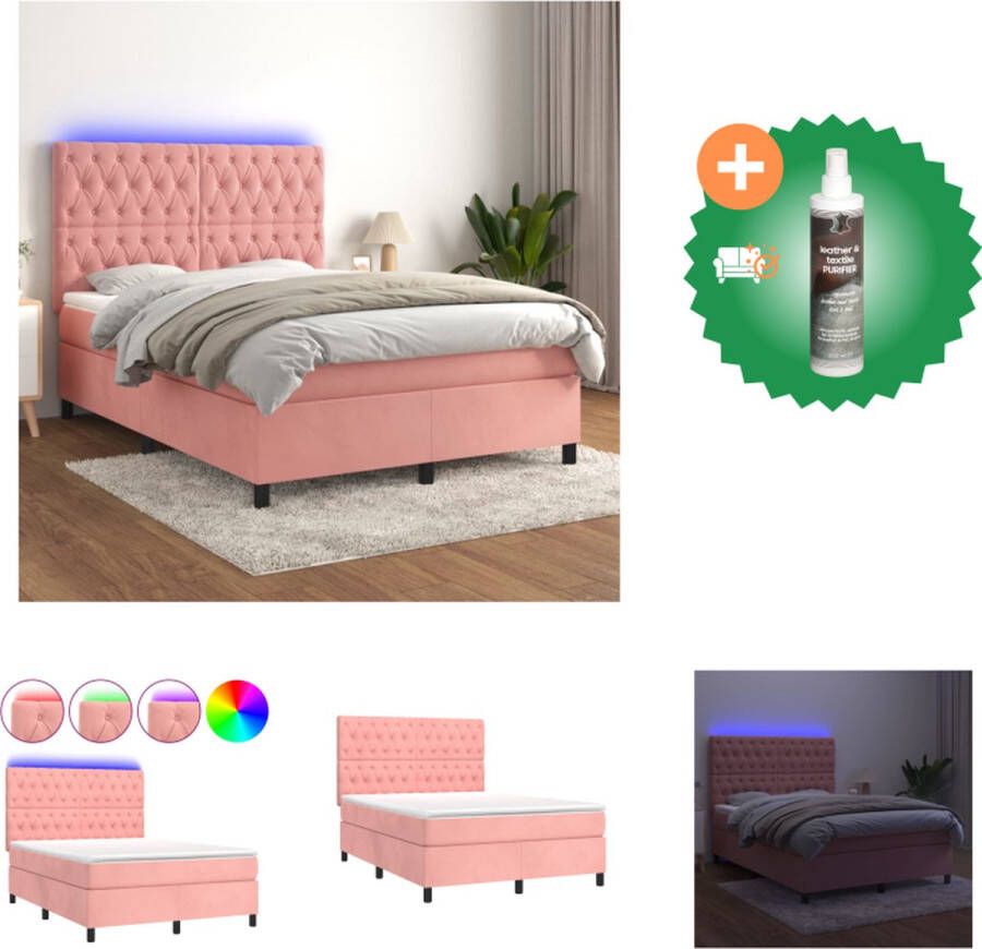 VidaXL Boxspring Luxe Roze fluweel LED verlichting 140x200cm Pocketvering matras Bed Inclusief Reiniger