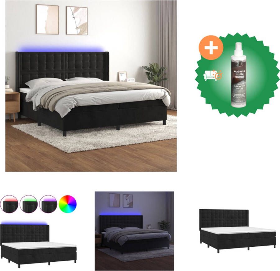 VidaXL Boxspring Luxe Zwart fluweel 203 x 203 cm Verstelbaar hoofdbord Kleurrijke LED-verlichting Pocketvering matras Huidvriendelijk topmatras Met montagehandleiding Bed Inclusief Reiniger