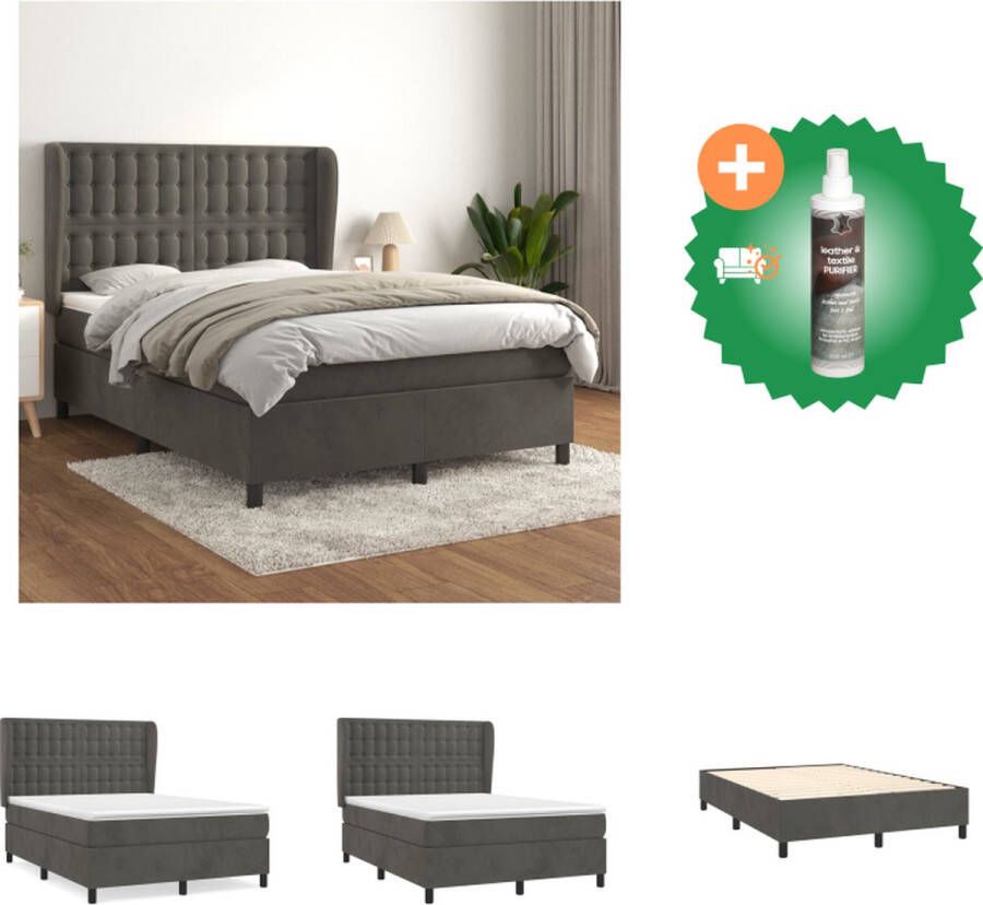 VidaXL Boxspring massief fluweel 193x147x118 128cm donkergrijs 140x190x20cm matras 140x190x5cm topmatras Bed Inclusief Reiniger