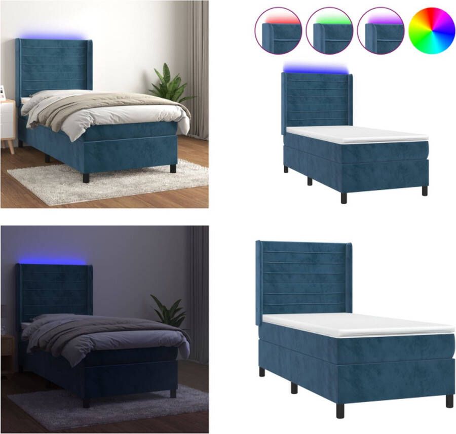 VidaXL Boxspring met matras en LED fluweel donkerblauw 100x200 cm Boxspring Boxsprings Bed Slaapmeubel - Foto 2