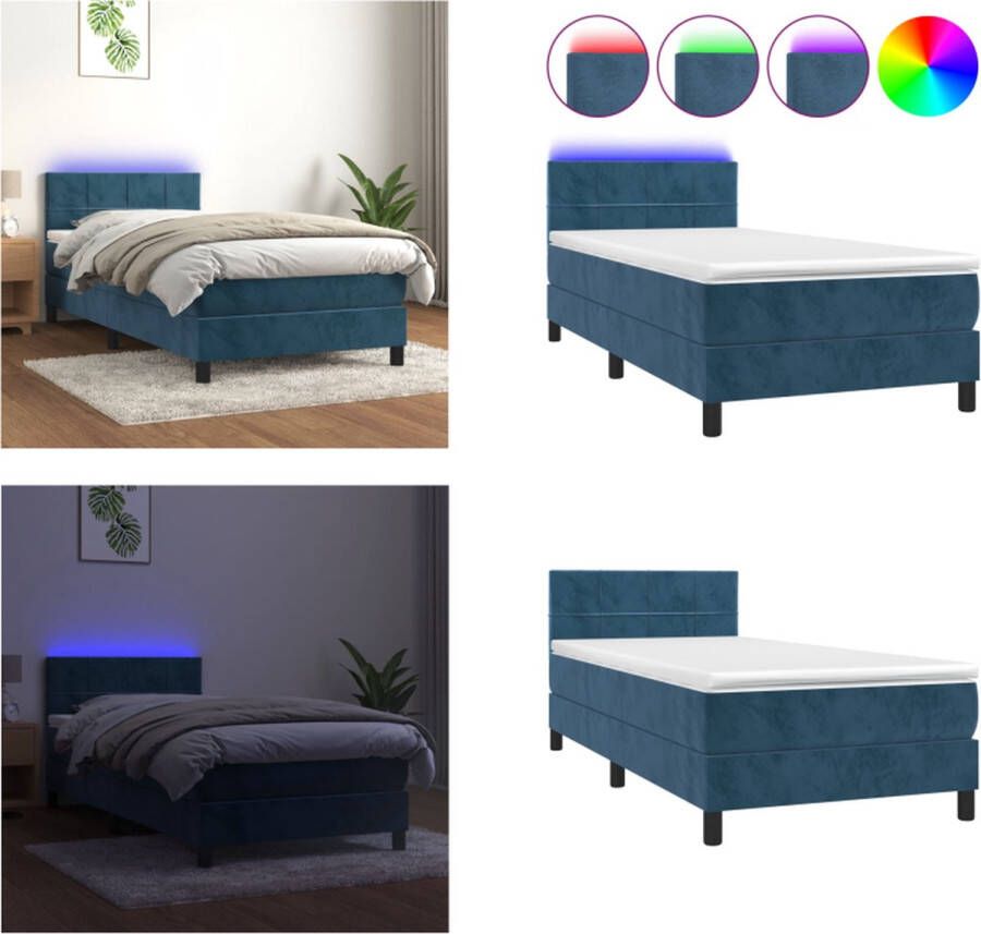 VidaXL Boxspring met matras en LED fluweel donkerblauw 100x200 cm Boxspring Boxsprings Bed Slaapmeubel