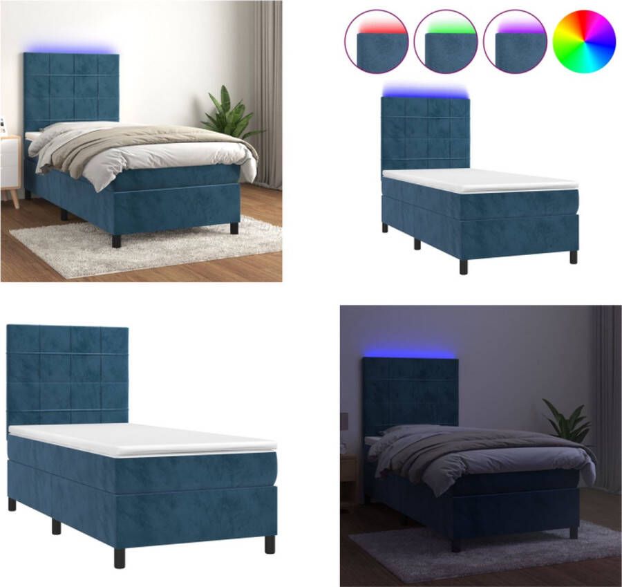 VidaXL Boxspring met matras en LED fluweel donkerblauw 100x200 cm Boxspring Boxsprings Bed Slaapmeubel
