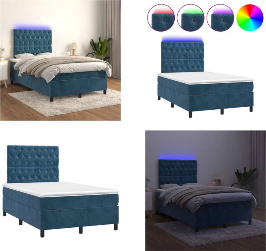 vidaXL Boxspring met matras en LED fluweel donkerblauw 120x200 cm Boxspring Boxsprings Bed Slaapmeubel