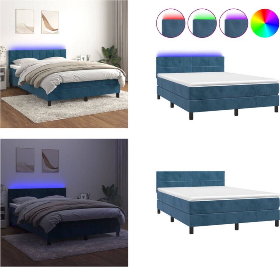 vidaXL Boxspring met matras en LED fluweel donkerblauw 140x190 cm Boxspring Boxsprings Bed Slaapmeubel