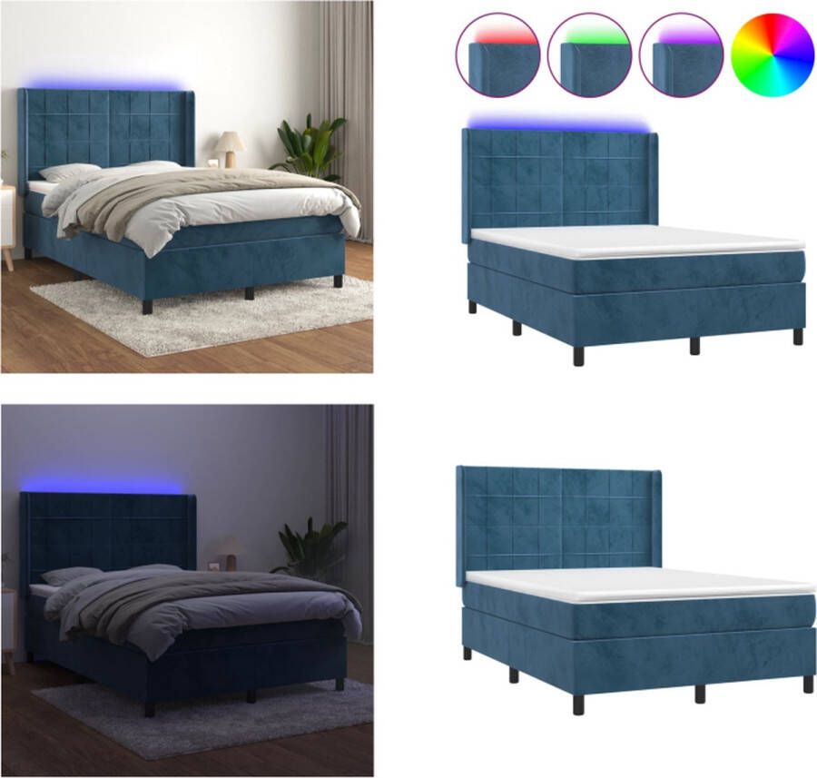 VidaXL Boxspring met matras en LED fluweel donkerblauw 140x190 cm Boxspring Boxsprings Bed Slaapmeubel - Foto 2