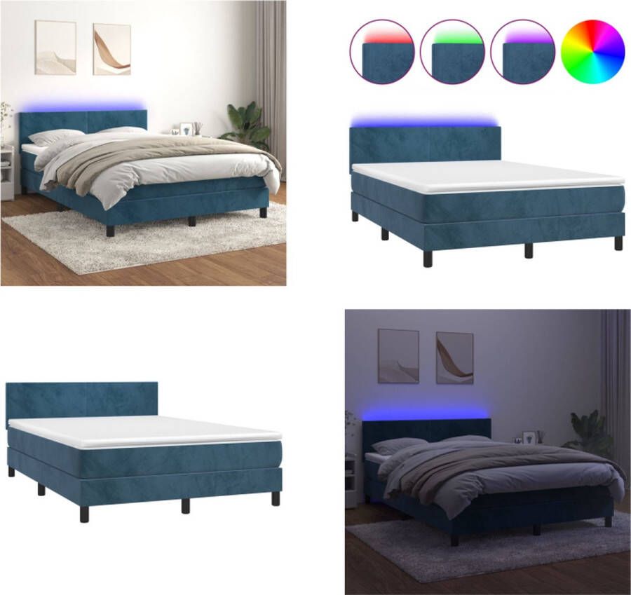 VidaXL Boxspring met matras en LED fluweel donkerblauw 140x190 cm Boxspring Boxsprings Bed Slaapmeubel