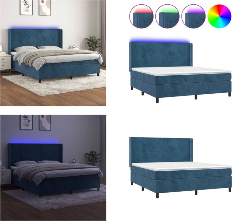 VidaXL Boxspring met matras en LED fluweel donkerblauw 160x200 cm Boxspring Boxsprings Bed Slaapmeubel