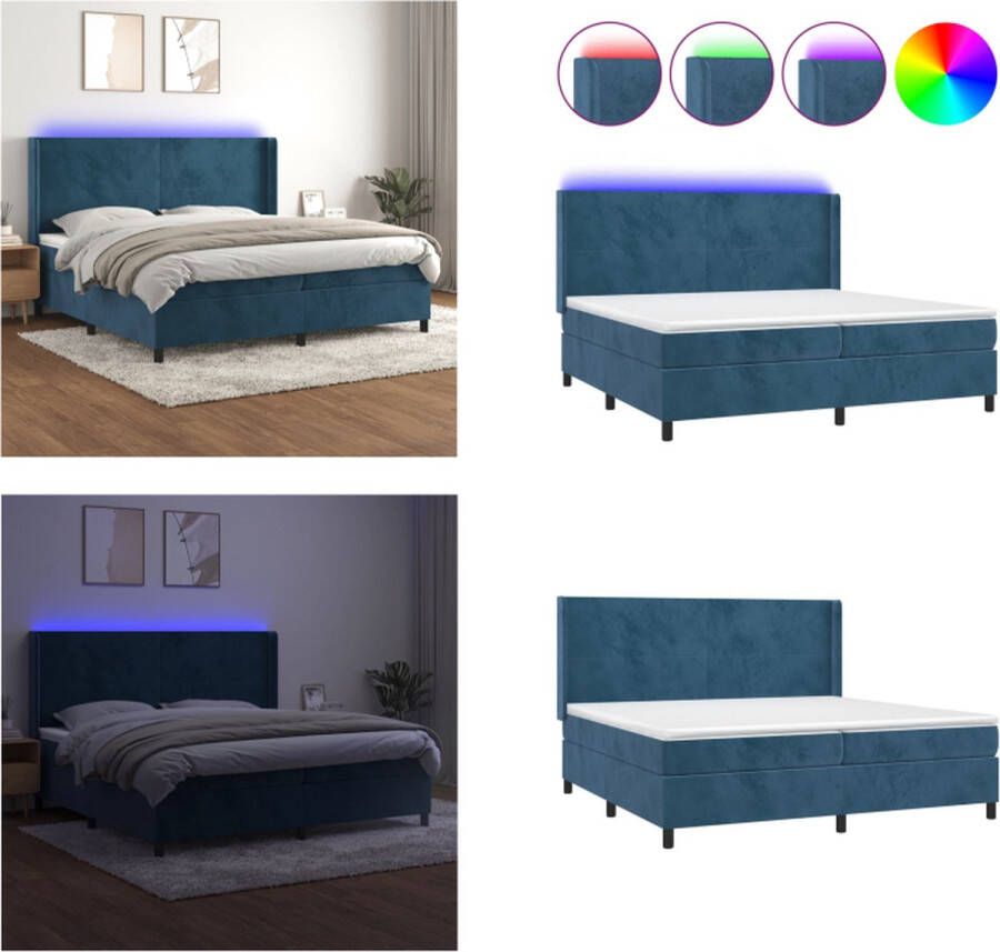 VidaXL Boxspring met matras en LED fluweel donkerblauw 200x200 cm Boxspring Boxsprings Bed Slaapmeubel