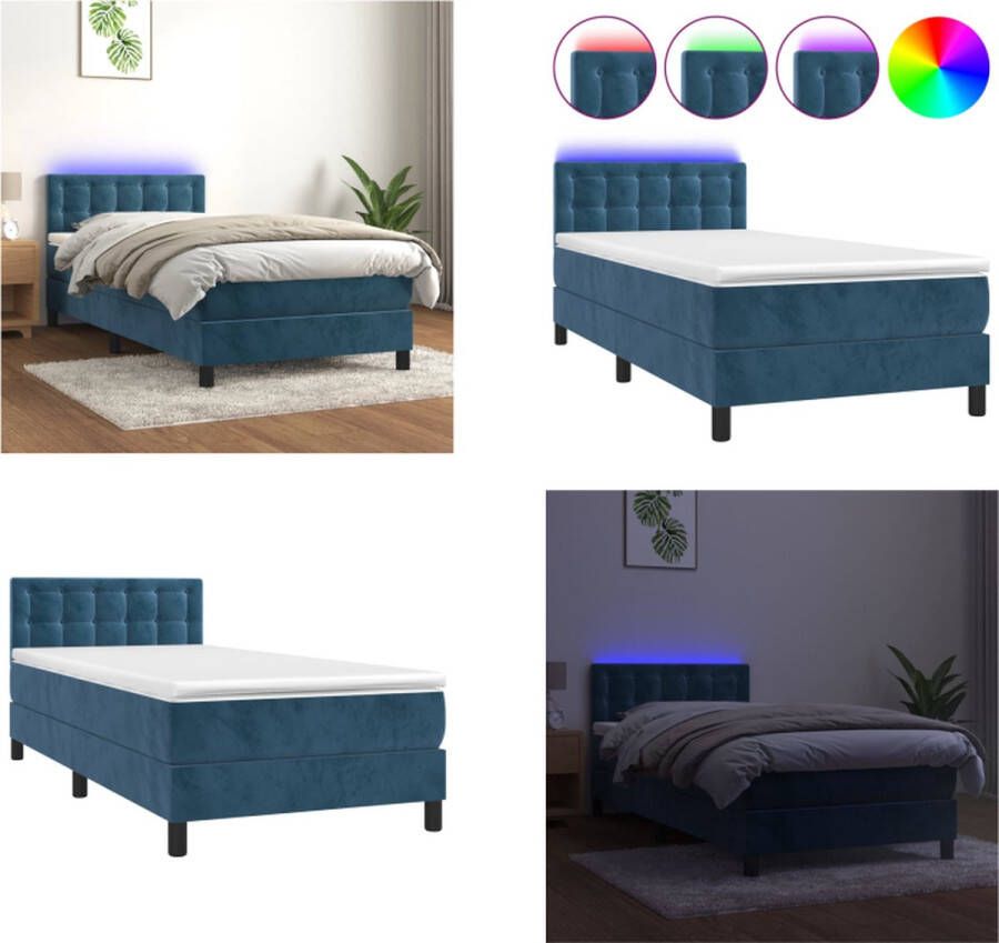 VidaXL Boxspring met matras en LED fluweel donkerblauw 90x190 cm Boxspring Boxsprings Bed Slaapmeubel