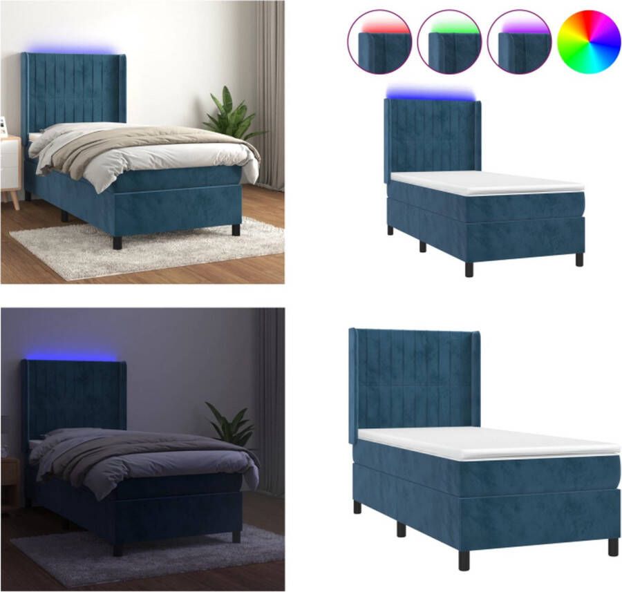 VidaXL Boxspring met matras en LED fluweel donkerblauw 90x190 cm Boxspring Boxsprings Bed Slaapmeubel