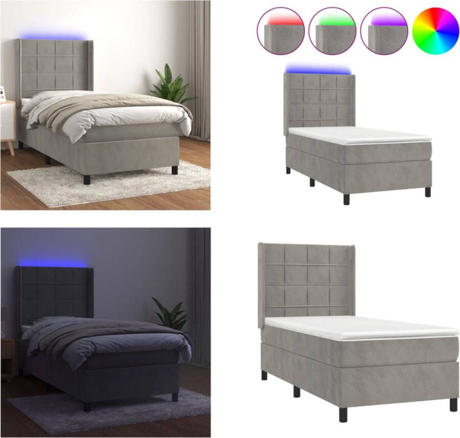 VidaXL Boxspring met matras en LED fluweel lichtgrijs 90x200 cm Boxspring Boxsprings Bed Slaapmeubel - Foto 5