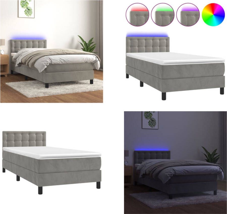 VidaXL Boxspring met matras en LED fluweel lichtgrijs 90x200 cm Boxspring Boxsprings Bed Slaapmeubel - Foto 6