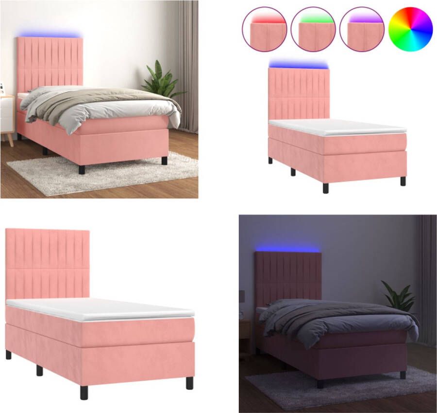 VidaXL Boxspring met matras en LED fluweel roze 100x200 cm Boxspring Boxsprings Bed Slaapmeubel - Foto 2