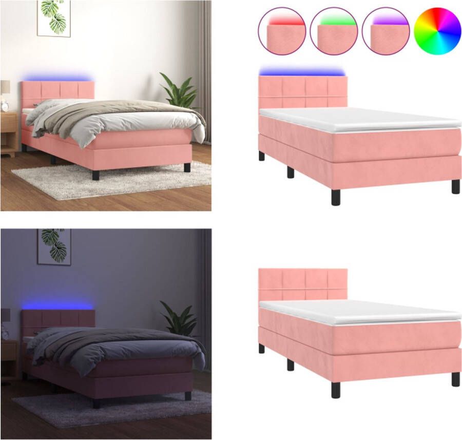 VidaXL Boxspring met matras en LED fluweel roze 100x200 cm Boxspring Boxsprings Bed Slaapmeubel - Foto 3