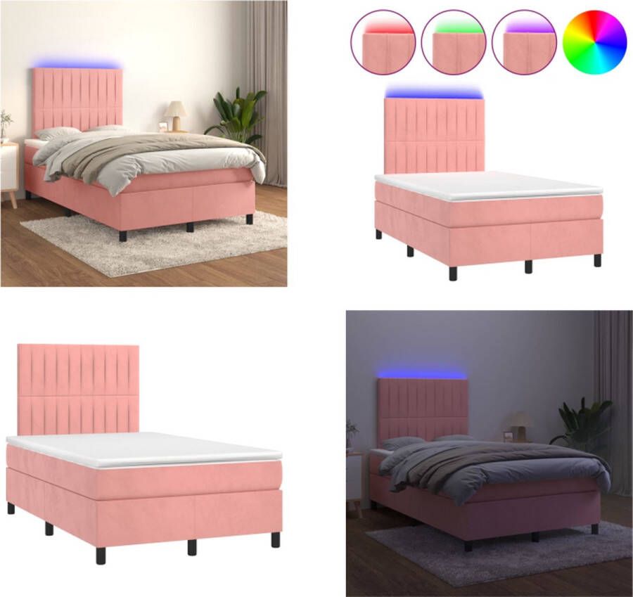 vidaXL Boxspring met matras en LED fluweel roze 120x200 cm Boxspring Boxsprings Bed Slaapmeubel