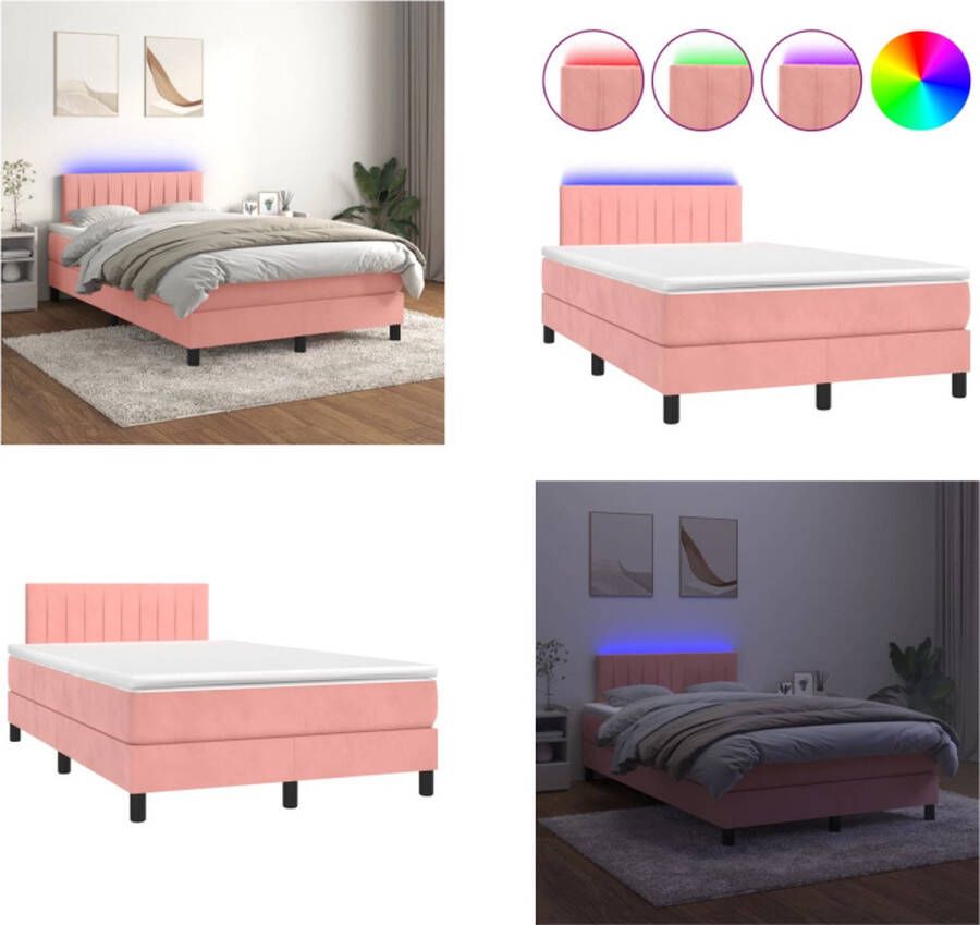 vidaXL Boxspring met matras en LED fluweel roze 120x200 cm Boxspring Boxsprings Bed Slaapmeubel