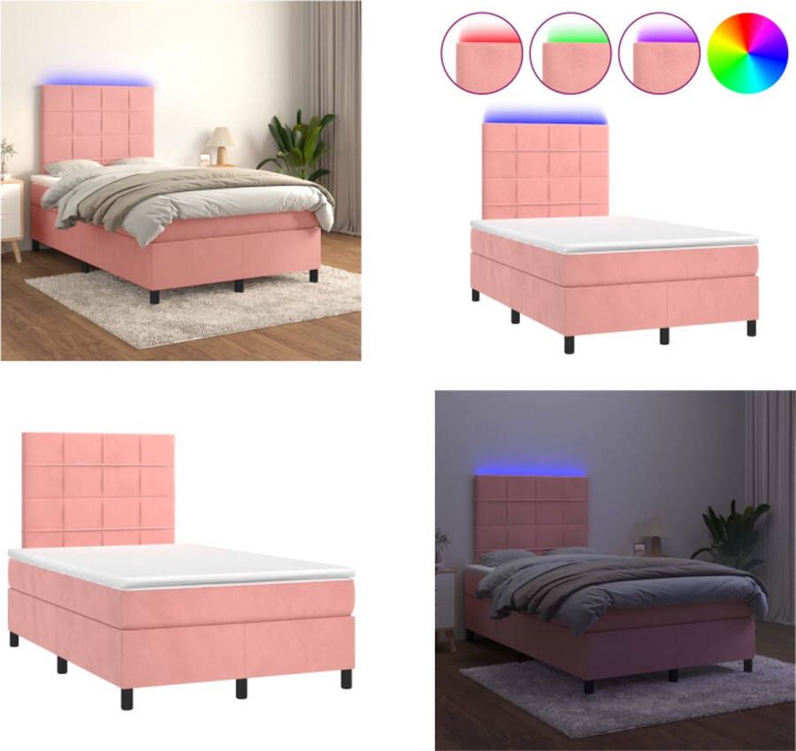 vidaXL Boxspring met matras en LED fluweel roze 120x200 cm Boxspring Boxsprings Bed Slaapmeubel