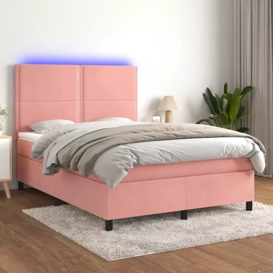 VidaXL -Boxspring-met-matras-en-LED-fluweel-roze-140x190-cm