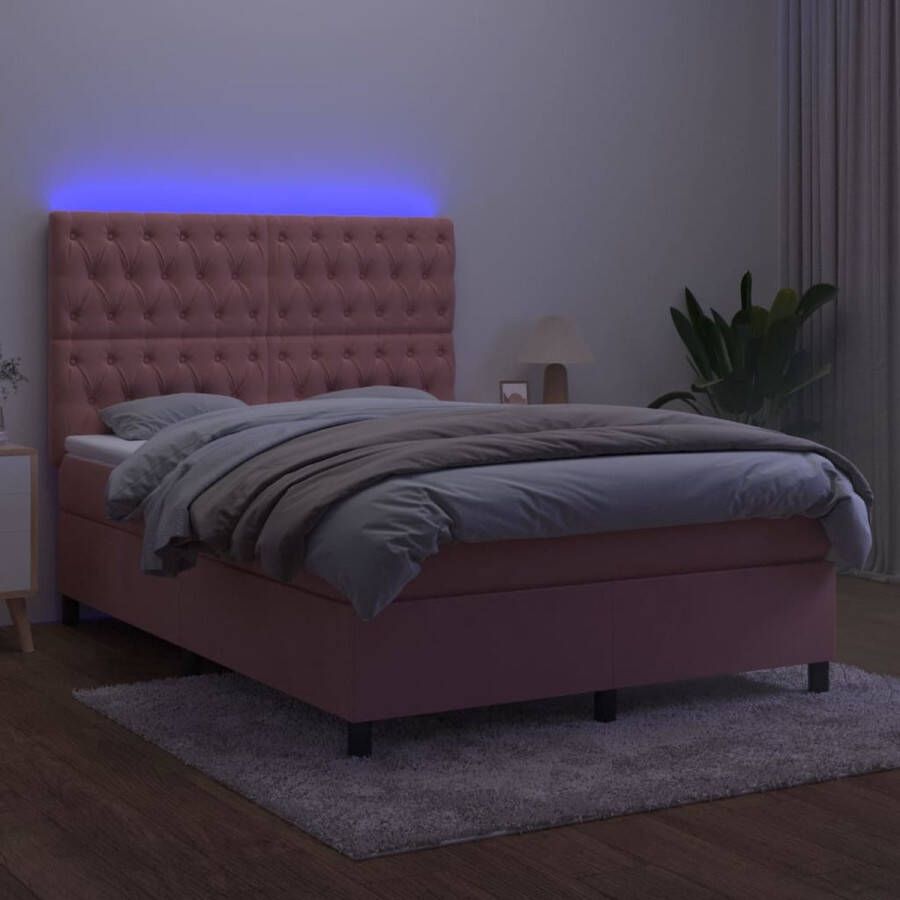 VidaXL -Boxspring-met-matras-en-LED-fluweel-roze-140x190-cm - Foto 2