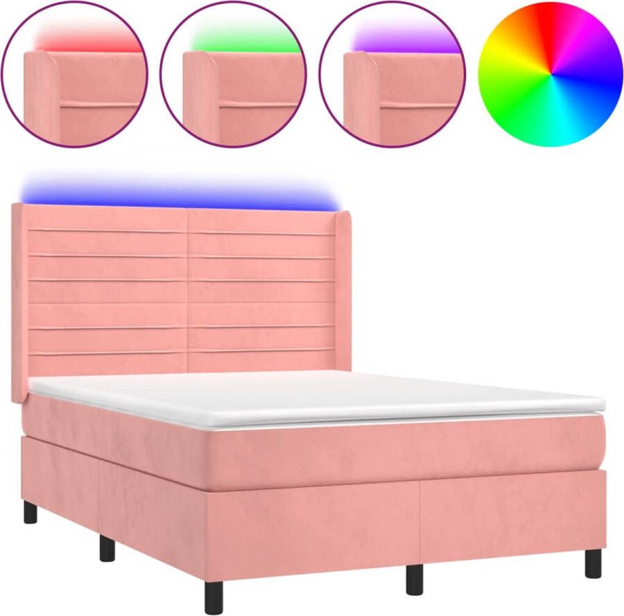 VidaXL -Boxspring-met-matras-en-LED-fluweel-roze-140x190-cm - Foto 2