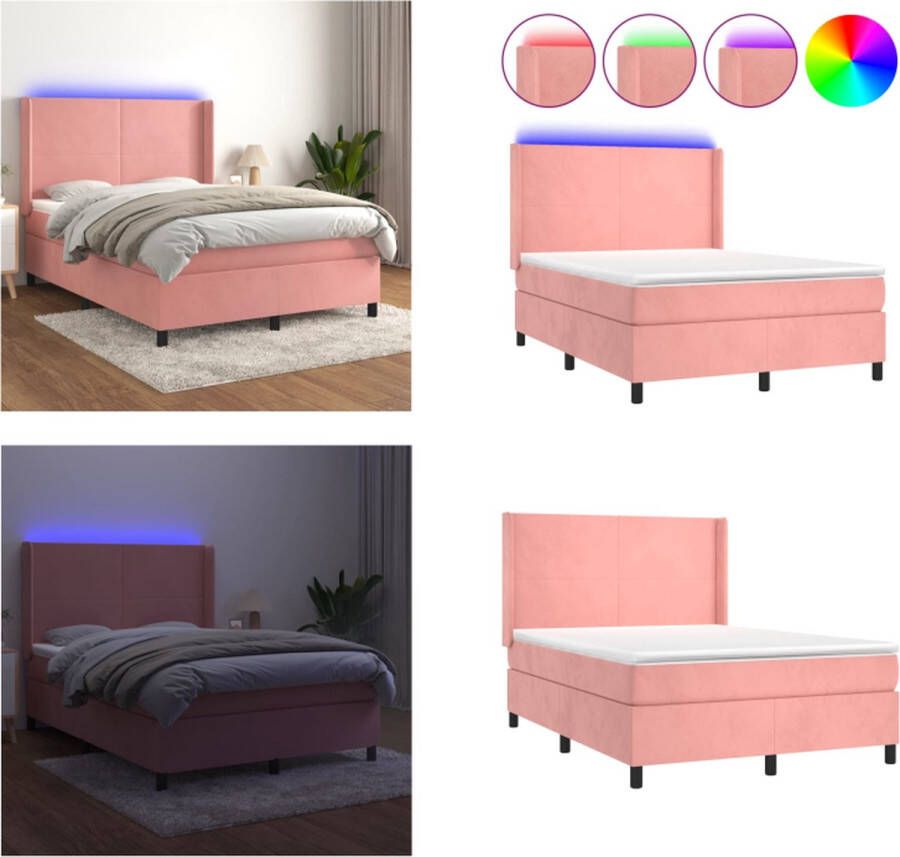 VidaXL Boxspring met matras en LED fluweel roze 140x190 cm Boxspring Boxsprings Bed Slaapmeubel - Foto 3